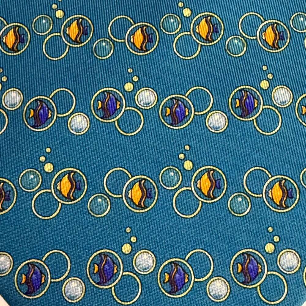 Salvatore Ferragamo Silk Neck Tie Goldfish Bubbles Pattern Teal Men's Neckwear - Picture 3 of 12